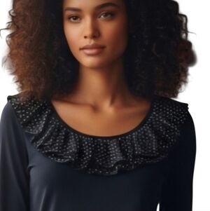 Vintage Lauren Ralph Lauren Black Ruffled Polka Dot Blouse Size S Preppy Chic